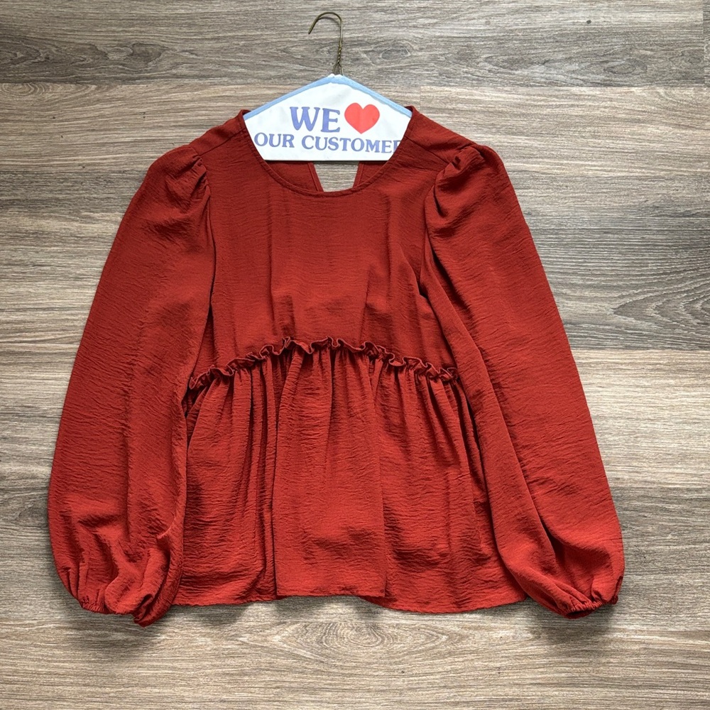 Newbury Kustom Rust Red Peplum Long-Sleeve Blouse